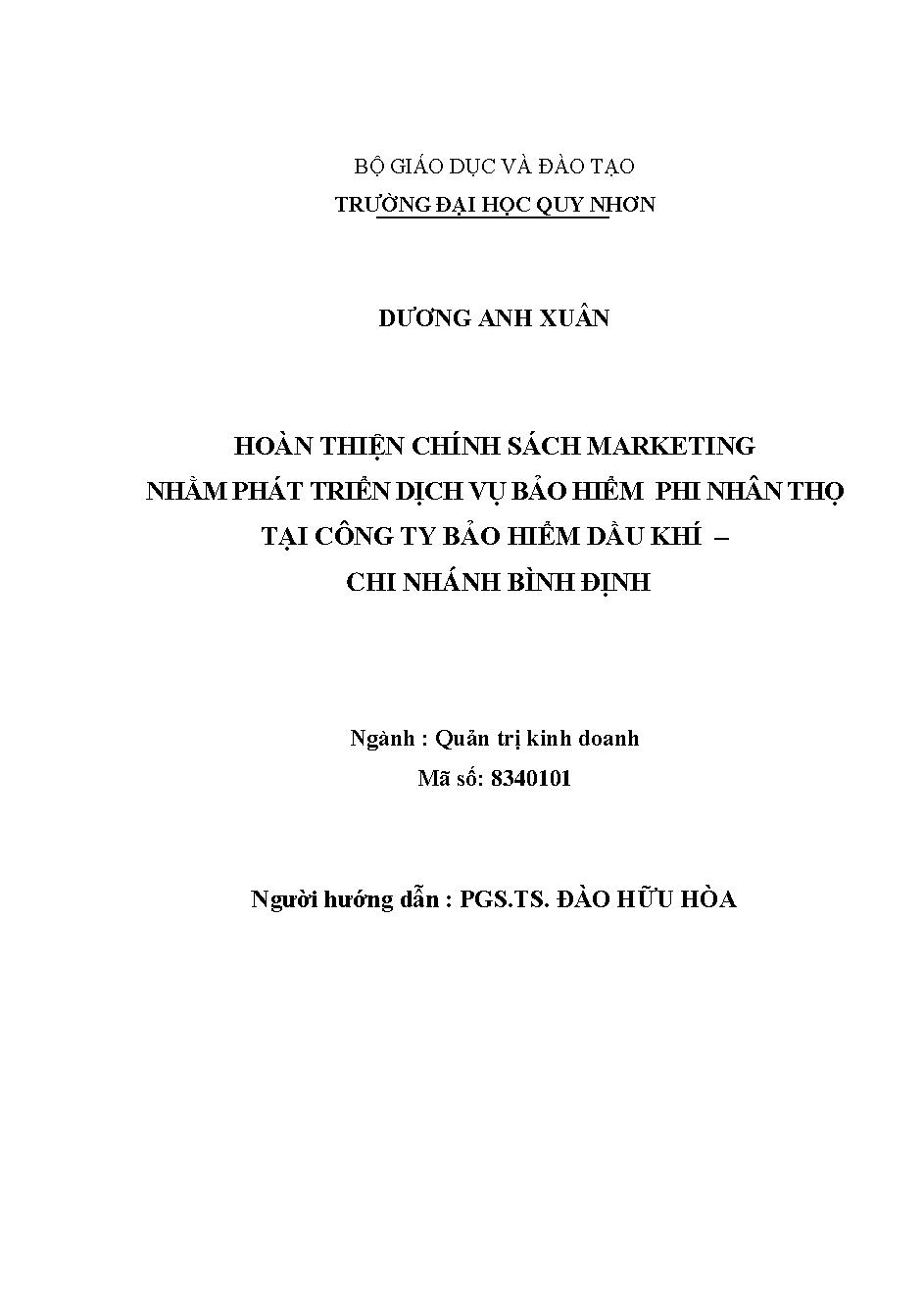 Hoàn thiện chính sách marketing nhằm phát triển dịch vụ bảo hiểm phi nhân thọ tại Công ty Bảo hiểm Dầu khí – Chi nhánh Bình Định
