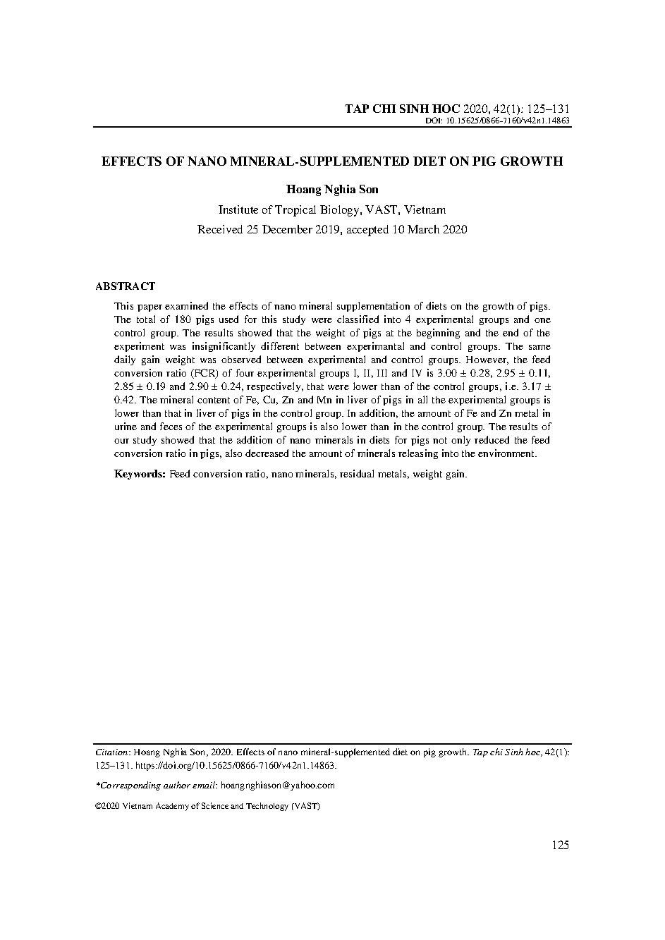 Ảnh hưởng của bổ sung khoáng nano trong khẩu phần thức ăn đến khả năng sinh trưởng của lợn thịt = Effects of nano mineral-supplemented diet on pig growth