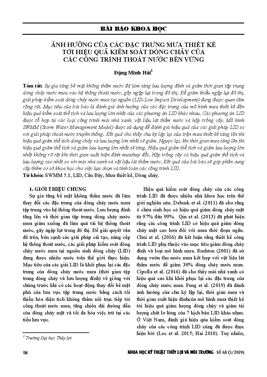 Ảnh hưởng của các đặc trưng mưa thiết kế tới hiệu quả kiểm soát dòng chảy của các công trình thoát nước bền vững = The effect of design storm characteristics on low- impact development practices for rainfall runoff control