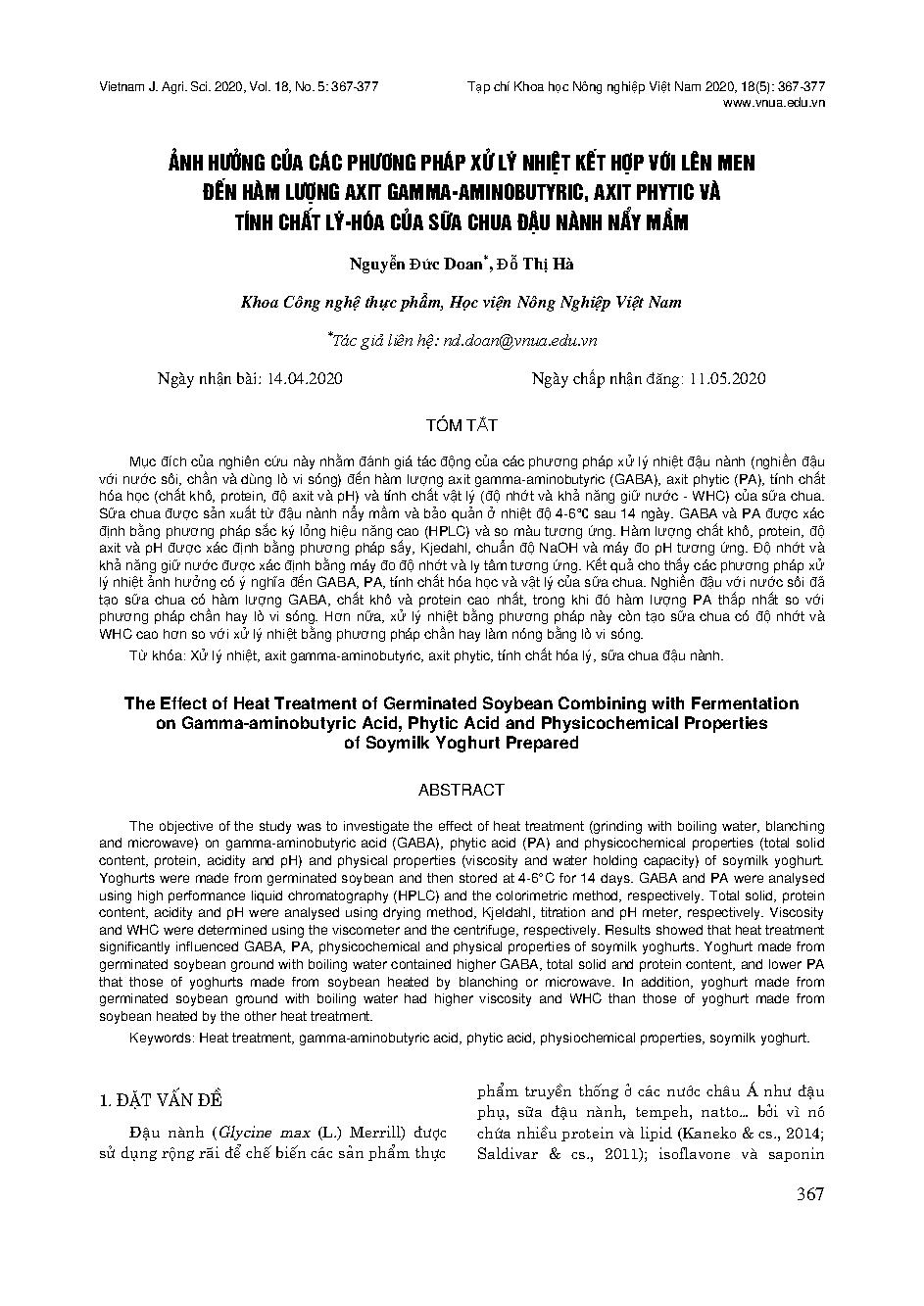 Ảnh hưởng của các phương pháp xử lý nhiệt kết hợp với lên men đến hàm lượng axit gamma-aminobutyric, axit phytic và tính chất lý-hóa của sữa chua đậu nành nảy mầm = The Effect of Heat Treatment of Germinated Soybean Combining with Fermentation on Gamma-aminobutyric Acid, Phytic Acid and Physicochemical Properties of Soymilk Yoghurt Prepared