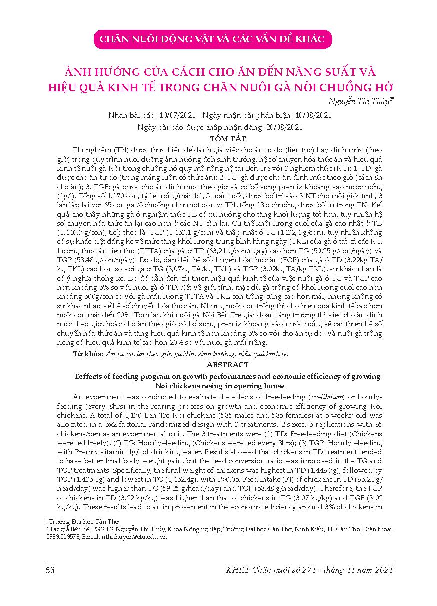 Ảnh hưởng của cách cho ăn đến năng suất và hiệu quả kinh tế trong chăn nuôi gà Nòi chuồng hở = Eeffects of feeding program on growth performances and economic efficiency of growing Noi chickens rasing in opening house