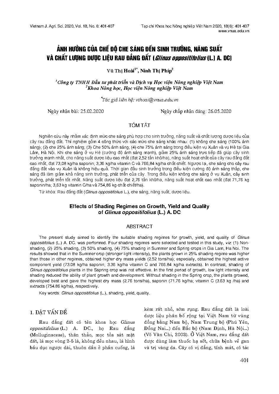Ảnh hưởng của chế độ che sáng đến sinh trưởng, năng suất và chất lượng dược liệu rau đắng đất (Glinus oppositifolius (L.) A. DC) = Effects of Shading Regimes on Growth, Yield and Quality of Glinus oppositifolius (L.) A. DC