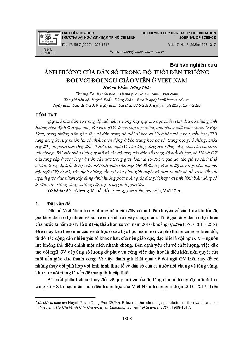 Ảnh hưởng của dân số trong độ tuổi đến trường đối với đội ngũ giáo viên ở Việt Nam = Effects of the school-age population on the size of teachers in Vietnam