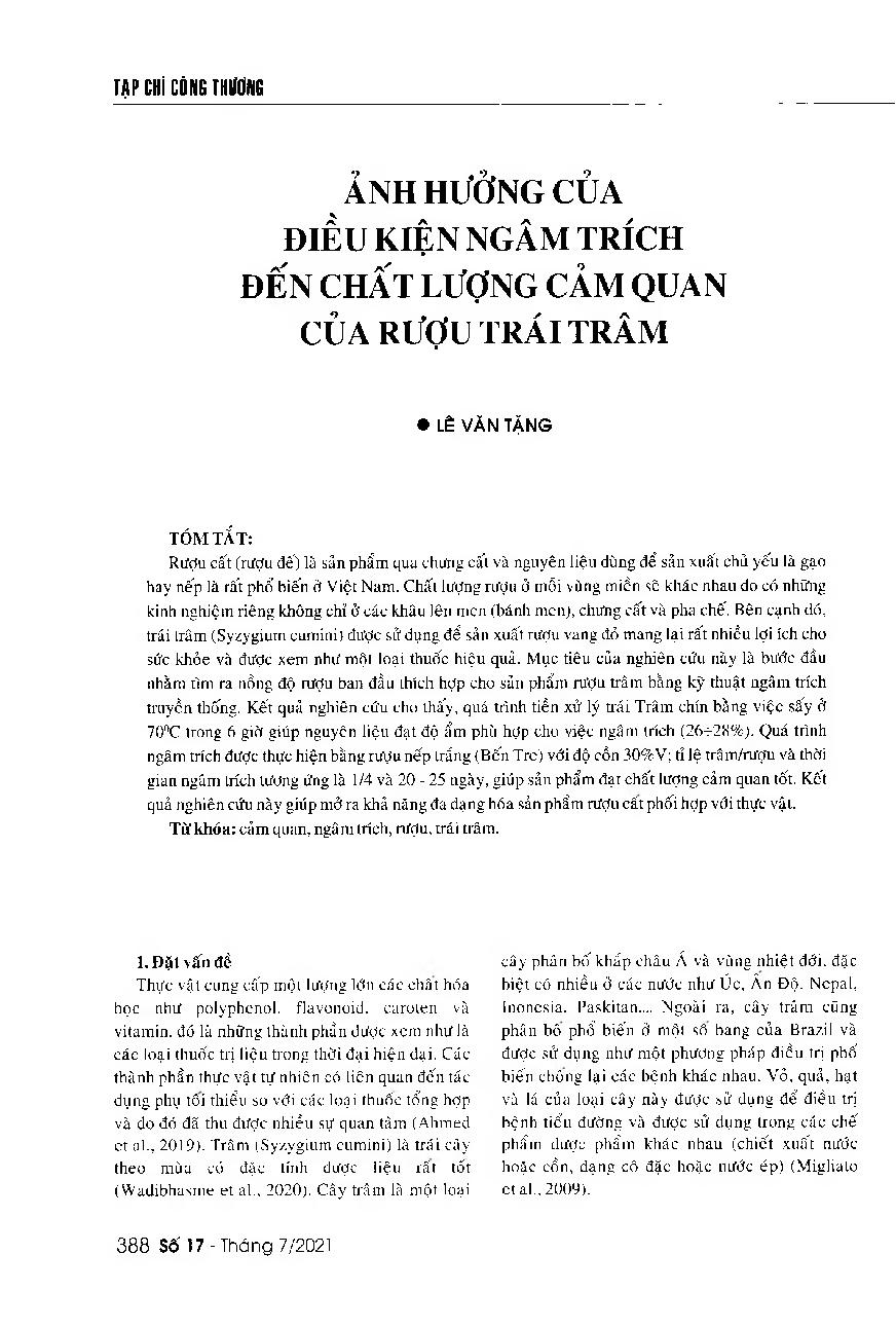Ảnh hưởng của điều kiện ngâm trích đến chất lượng cảm quan của rượu trái trâm = Effects of extraction conditions on the sensory evaluation of Syzygium cumini wine
