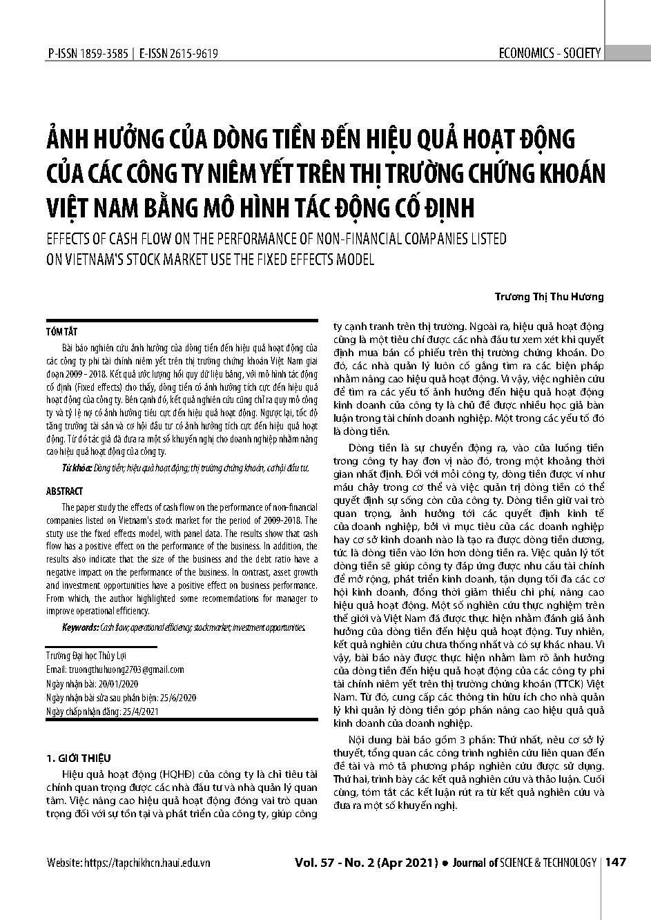 Ảnh hưởng của dòng tiền đến hiệu quả hoạt động của các công ty niêm yết trên thị trường chứng khoán việt nam bằng mô hình tác động cố định = Effects of cash flow on the performance of non-financial companies listed on vietnam's stock market use the fixed effects model