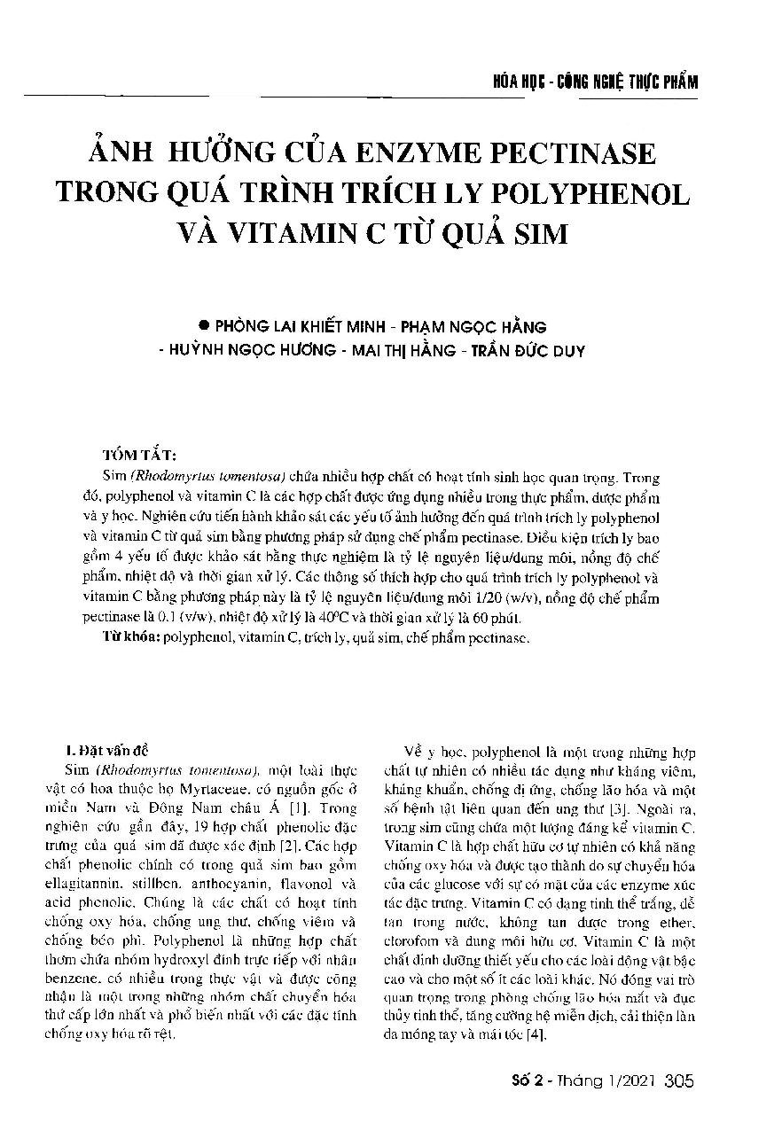 Ảnh hưởng của enzyme pectinase trong quá trình trích ly polyphenol và vitamin C từ quả sim = Effect of pectinase on the extraction of polyphenol and vitamin C From Rhodomyrtus tomentosa