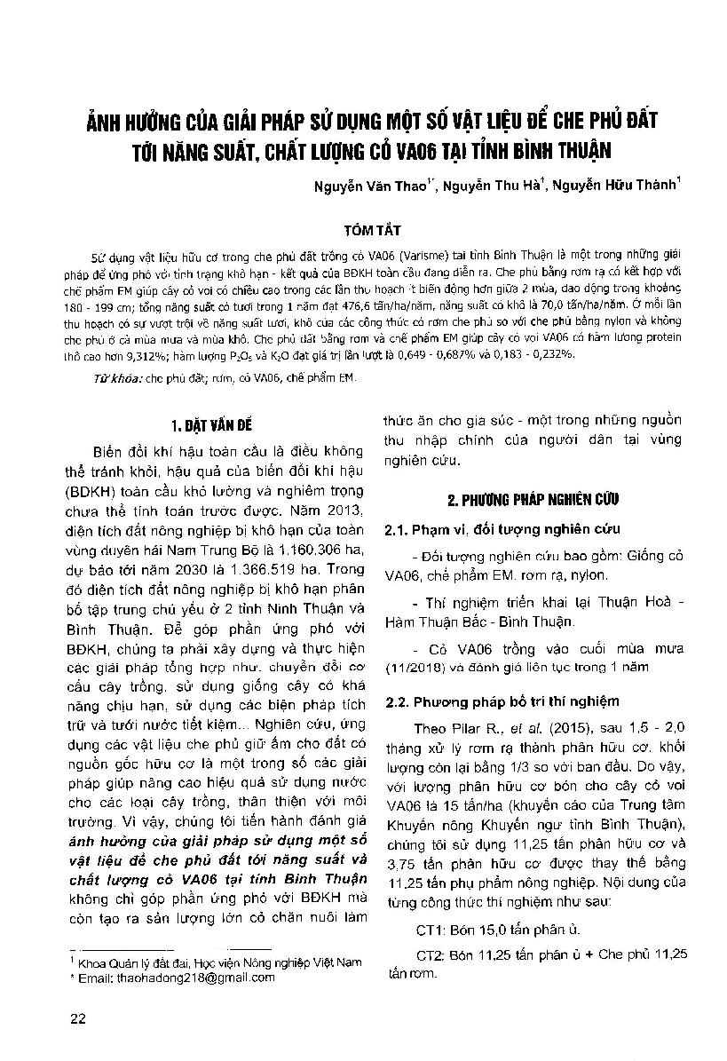 Ảnh hưởng của giải pháp sử dụng một số vật liệu để che phủ đất tới năng suất, chất lượng cỏ VA06 tại tỉnh Bình Thuận = Effect of using some materials to cover soil to yield and quality of elephant grass VA06 in Binh Thuan province