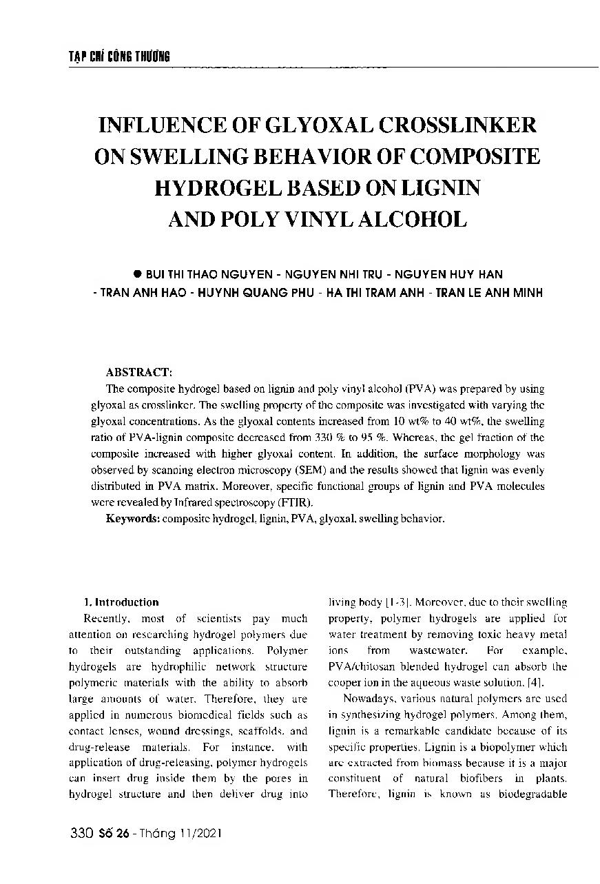 Ảnh hưởng của glyoxal đến đặc tính trương nở của hydrogel composite trên cơ sở lignin và poly vinyl alcohol = Influence of glyoxal cross linker on swelling behavior of composite hydrogel based on lignin and poly vinyl alcohol