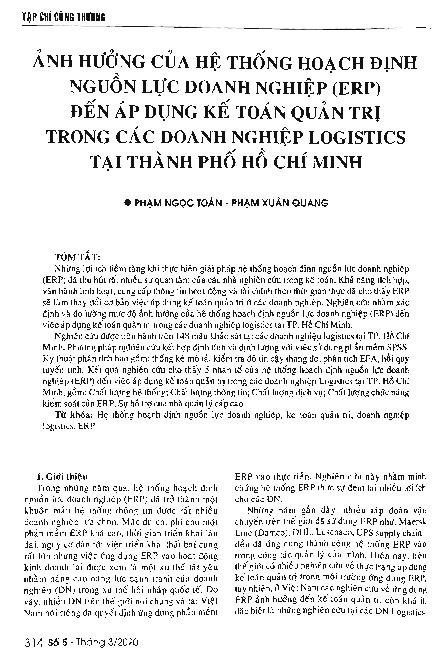 Ảnh hưởng của hệ thống hoạch định nguồn lực doanh nghiệp (ERP) đến việc áp dụng kế toán quản trị trong các doanh nghiệp logistics tại Thành phố Hồ Chí Minh = Impacts of enterprise resource planning system on the application of management accounting in logistics enterprises located in Ho Chi Minh city