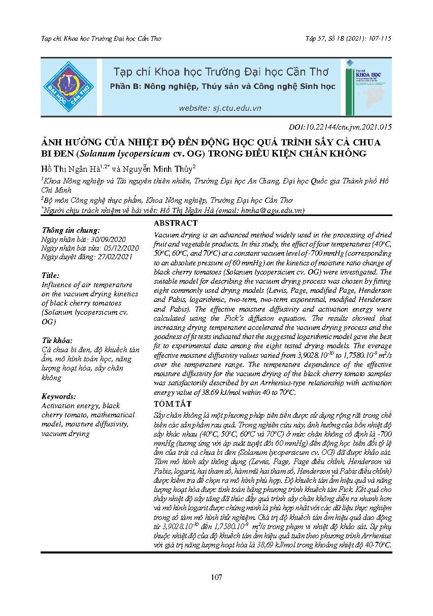Ảnh hưởng của nhiệt độ đến động học quá trình sấy cà chua bi đen (Solanum lycopersicum cv. OG) trong điều kiện chân không = Influence of air temperature on the vacuum drying kinetics of black cherry tomatoes (Solanum lycopersicum cv. OG)