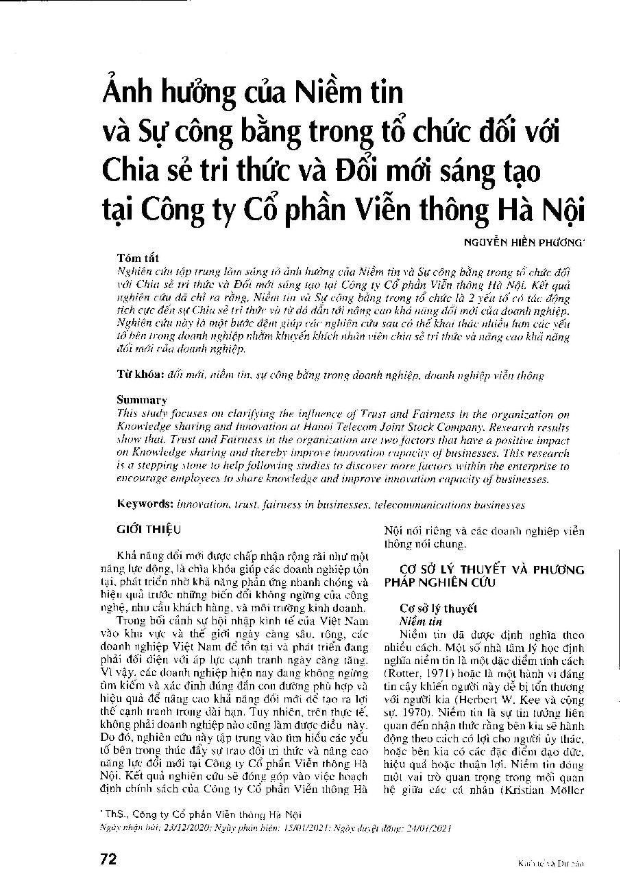 Ảnh hưởng của niềm tin và sự công bằng trong tổ chức đối với chia sẻ tri thức và đổi mới sáng tạo tại Công ty cổ phần Viễn thông Hà Nội = Influence of Trust and Fairness in the organization on Knowledge sharing and Innovation at Hanoi Telecom Joint Stock Company