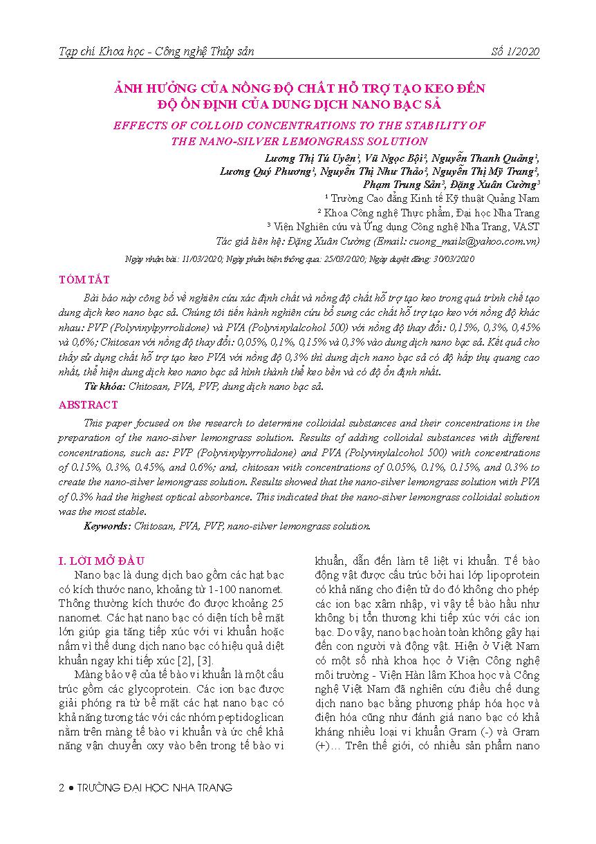 Ảnh hưởng của nồng độ chất hỗ trợ tạo keo đến độ ổn định của dung dịch nano bạc sả = Effects of colloid concentrations to the stability of the nano-silver lemongrass solution
