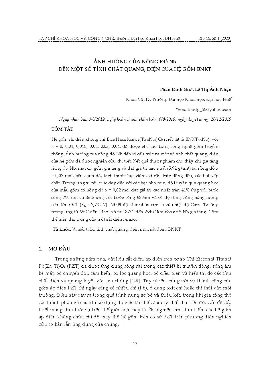 Ảnh hưởng của nồng độ nb đến một số tính chất quang, điện của hệ gốm BNKT = Effect of Nb addition on the optical and electrical properties of bnkt ceramics