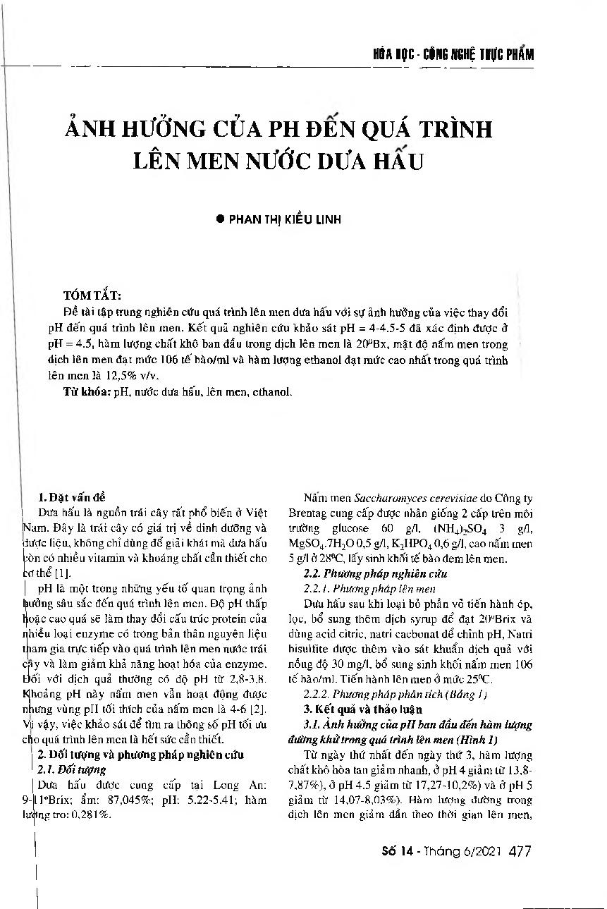 Ảnh hưởng của pH đến quá trình lên men nước dưa hấu = Impacts of changes in pH levels on the fermentation of watermelon juice