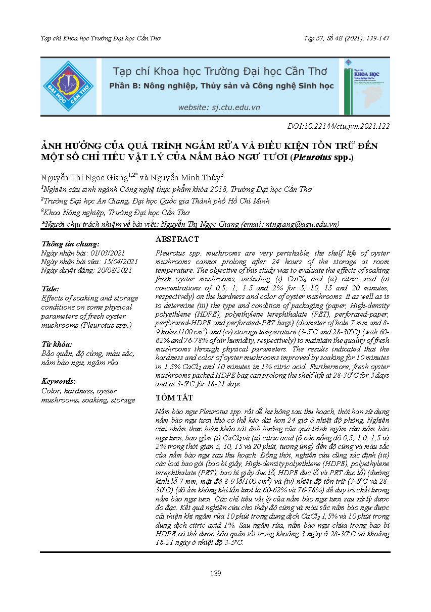 Ảnh hưởng của quá trình ngâm rửa và điều kiện tồn trữ đến một số chỉ tiêu vật lý của nấm bào ngư tươi (Pleurotus spp.) = Effects of soaking and storage conditions on some physical parameters of fresh oyster mushrooms (Pleurotus spp.)
