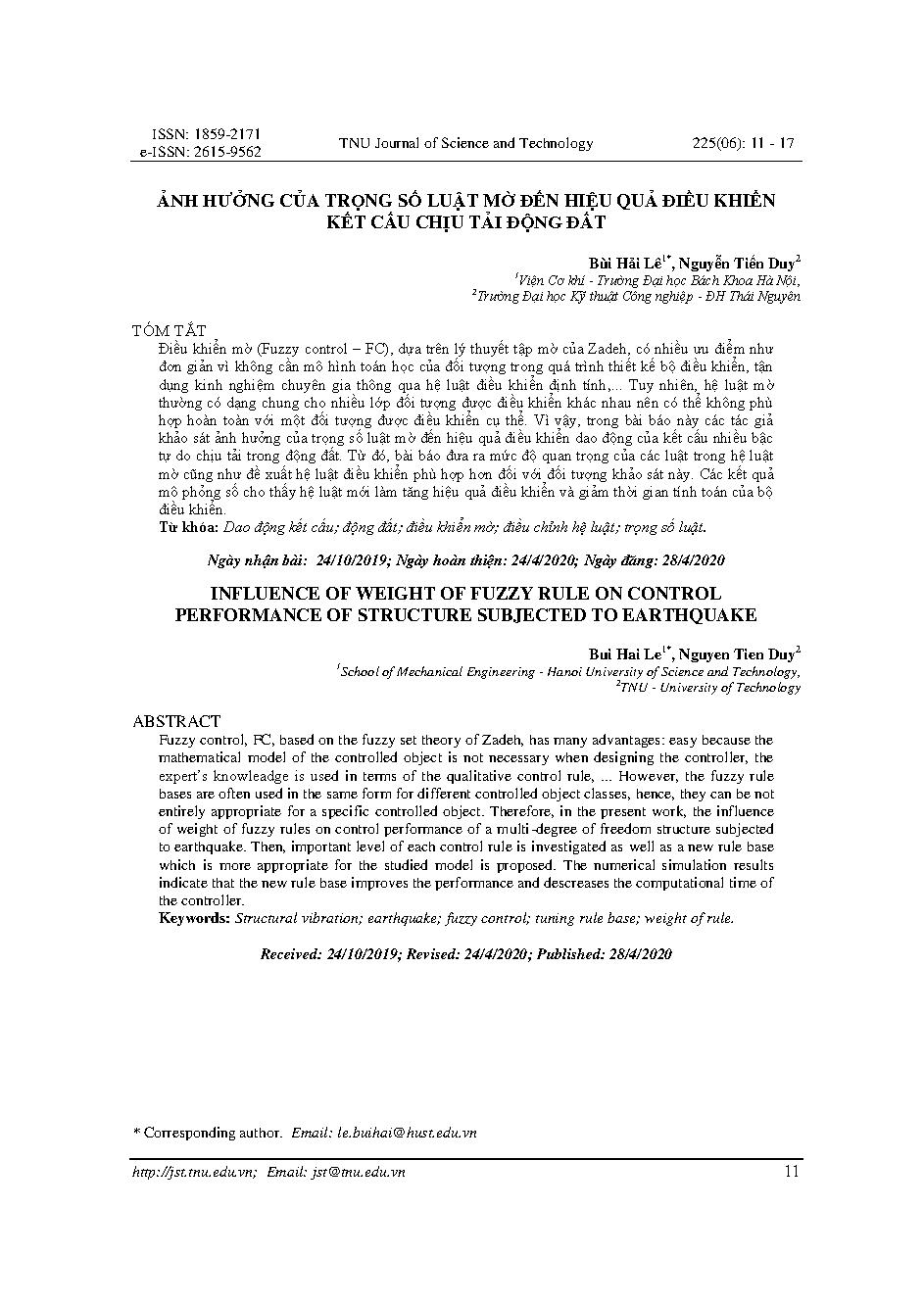 Ảnh hưởng của trọng số luật mờ đến hiệu quả điều khiển kết cấu chịu tải động đất = Influence of weight of fuzzy rule on control performance of structure subjected to earthquake