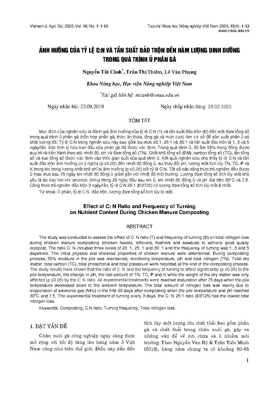 Ảnh hưởng của tỷ lệ C:N và tần suất đảo trộn đến hàm lượng dinh dưỡng trong quá trình ủ phân gà = Effect of C: N Ratio and Frequency of Turning on Nutrient Content During Chicken Manure Composting