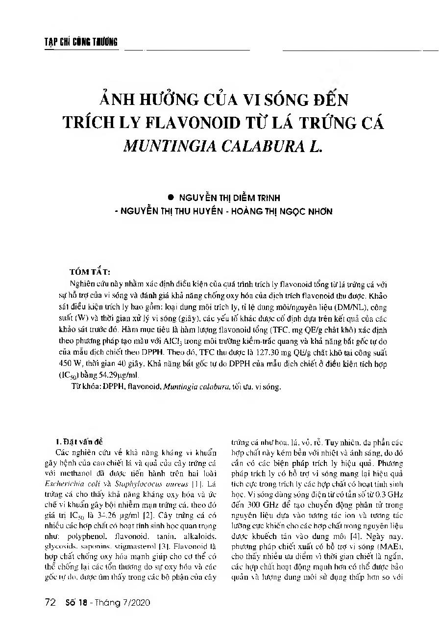 Ành hưởng của vi sóng đến trích ly flavonoid từ lá trứng cá Muntingia calabura L. = The effects of microwave on the total flavonoid extraction from leaves of Muntingia calabura L.