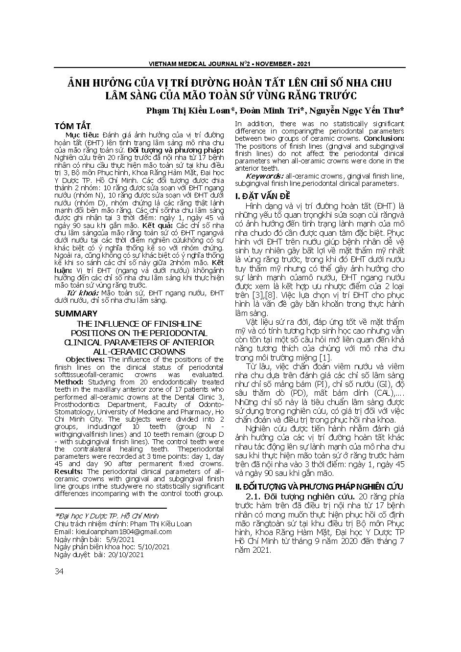 Ảnh hưởng của vị trí đường hoàn tất lên chỉ số nha chu lâm sàng của mão toàn sứ vùng răng trước = The influence of finish line positions on the periodontal clinical parameters of anterior all-ceramic crowns