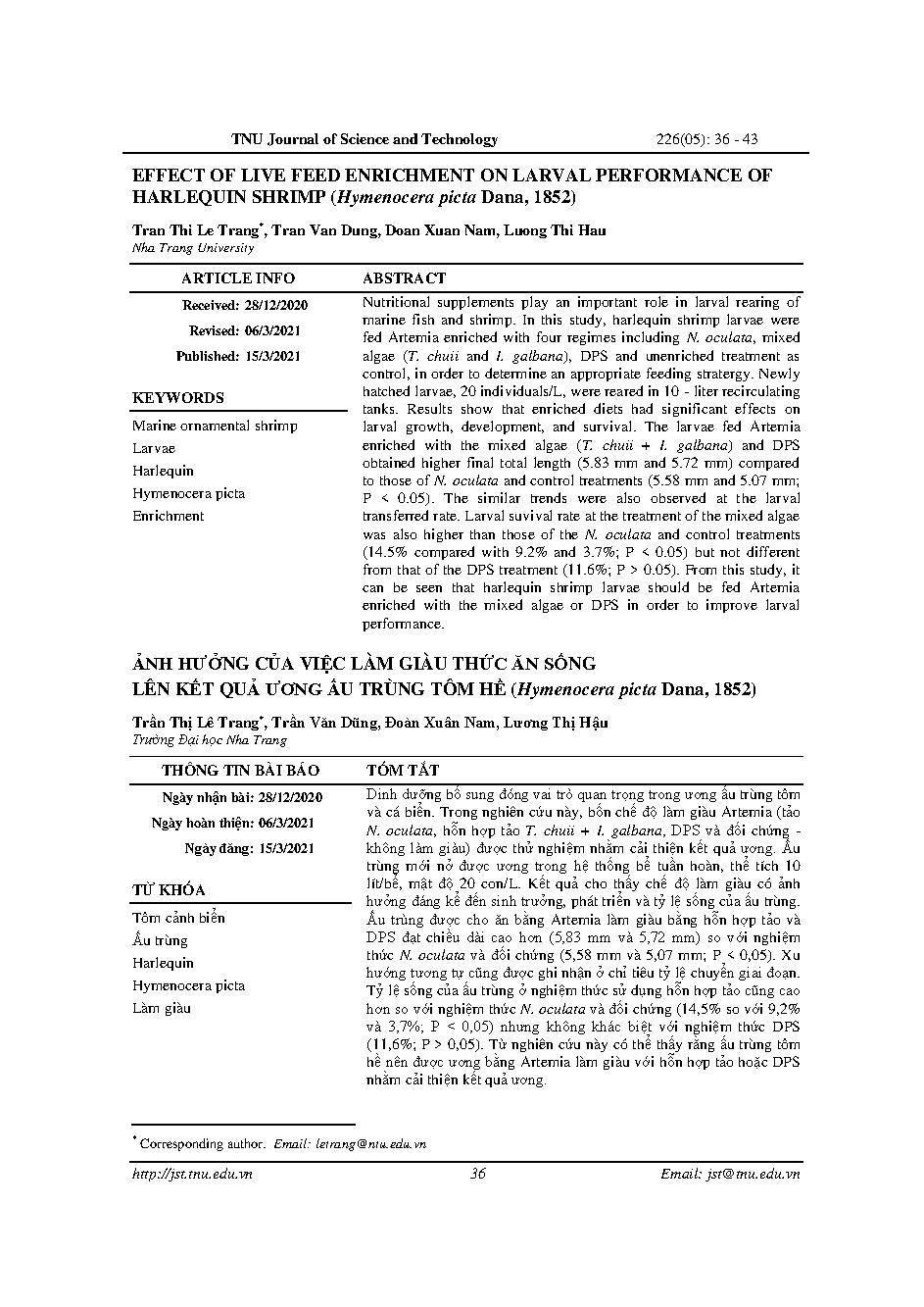 Ảnh hưởng của việc làm giàu thức ăn sống lên kết quả ương ấu trùng tôm hề (hymenocera picta dana, 1852) = Effect of live feed enrichment on larval performance of harlequin shrimp (hymenocera picta dana, 1852)