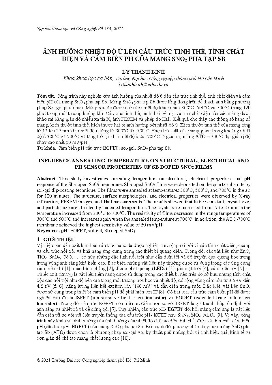 Ảnh hưởng nhiệt độ ủ lên cấu trúc tinh thể, tính chất điện và cảm biến ph của màng SNO2 pha tạp SB = Influence annealing temperature on structural, electrical and ph sensor properties of sb doped sno2films