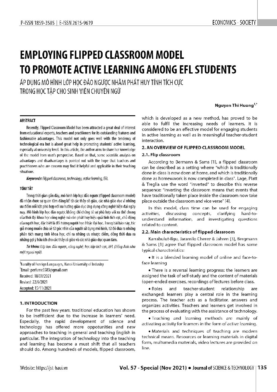 Áp dụng mô hình lớp học đảo ngược nhằm phát huy tính tích cực trong học tập cho sinh viên chuyên ngữ = Employing flipped classroom model to promote active learning among EFL students
