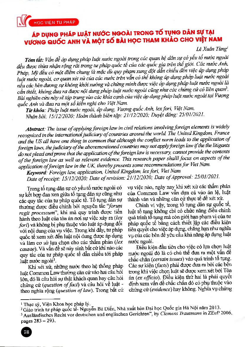 Áp dụng pháp luật nước ngoài trong tố tụng dân sự tại Vương quốc Anh và một số bài học tham khảo cho Việt Nam = Applying foreign laws in civil procedure in the United Kingdom and some lessons for Vietnam