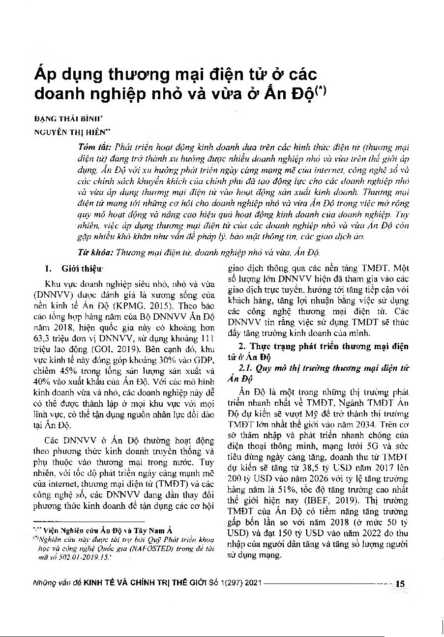 Áp dụng thương mại điện tử ở các doanh nghiệp nhỏ và vừa ở Ấn Độ = Application of e-commerce in Indian small and medium enterprises