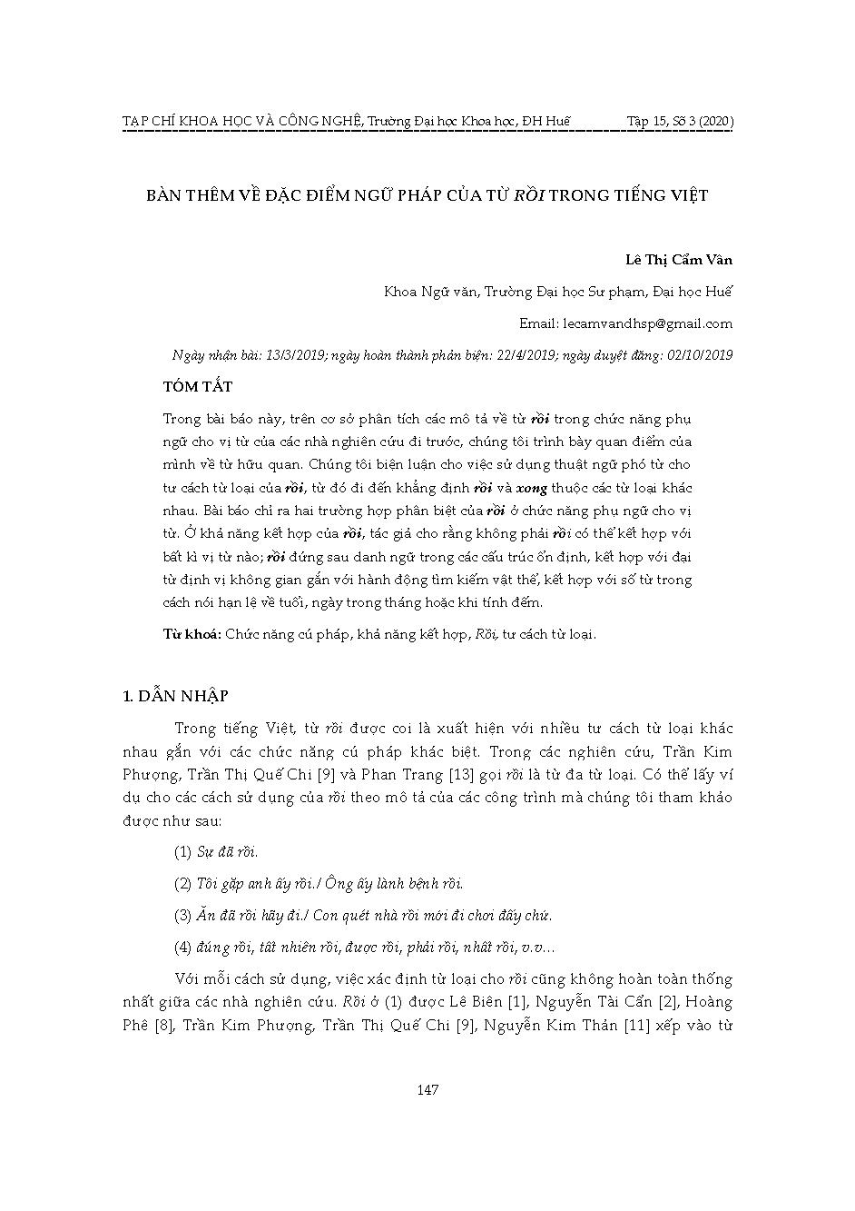 Bàn thêm về đặc điểm ngữ pháp của từ "rồi" trong tiếng Việt = Study on the grammatical features of the word “rồi: in Vietnamese