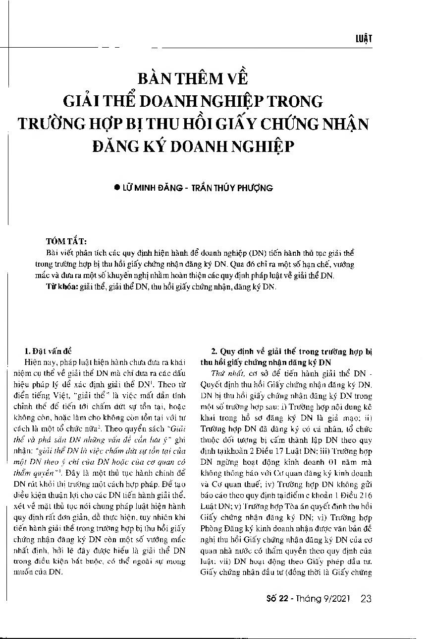 Bàn thêm về giải thể doanh nghiệp trong trường hợp bị thu hồi giấy chứng nhận đăng ký doanh nghiệp = Discussing the dissolutions of enterprise when the business registration certificate is revoked