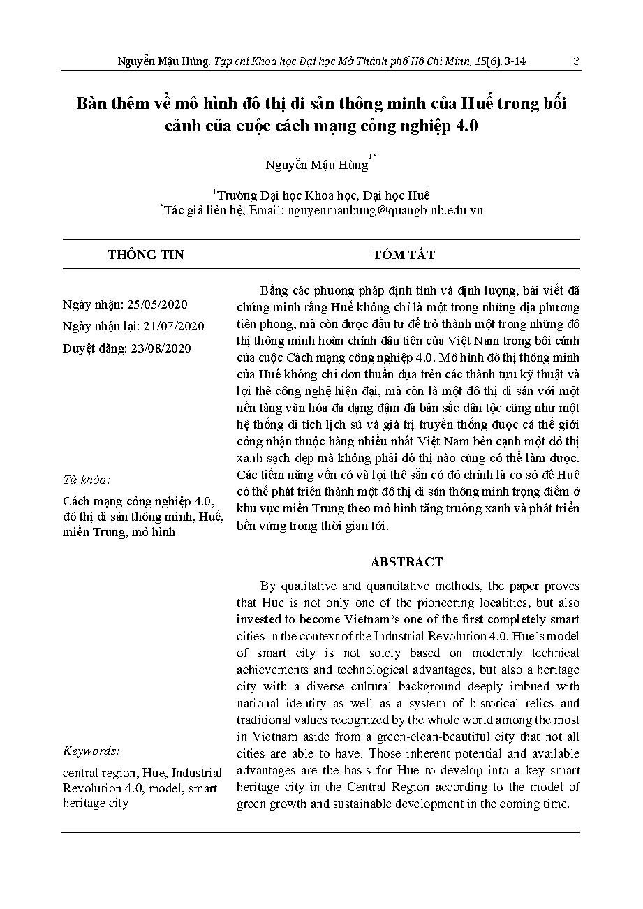 Bàn thêm về mô hình đô thị di sản thông minh của Huế trong bối cảnh của cuộc cách mạng công nghiệp 4.0 = Discuss more about the smart heritage urban model of Hue in the context of the industrial revolution 4.0