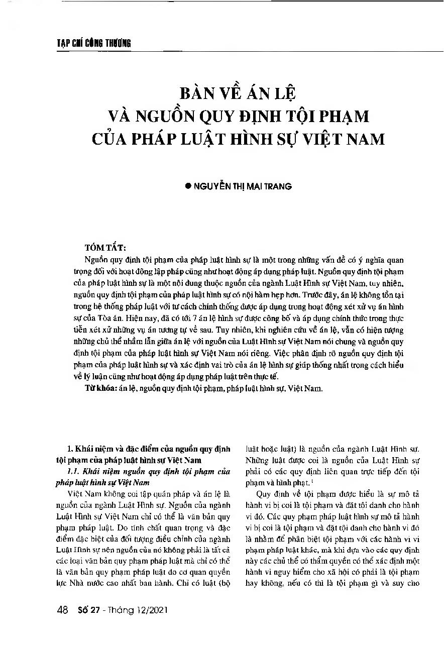 Bàn về án lệ và nguồn quy định tội phạm của pháp luật hình sự Việt Nam = Discussing case precedents and sources of criminal regulations of Vietnam's criminal law