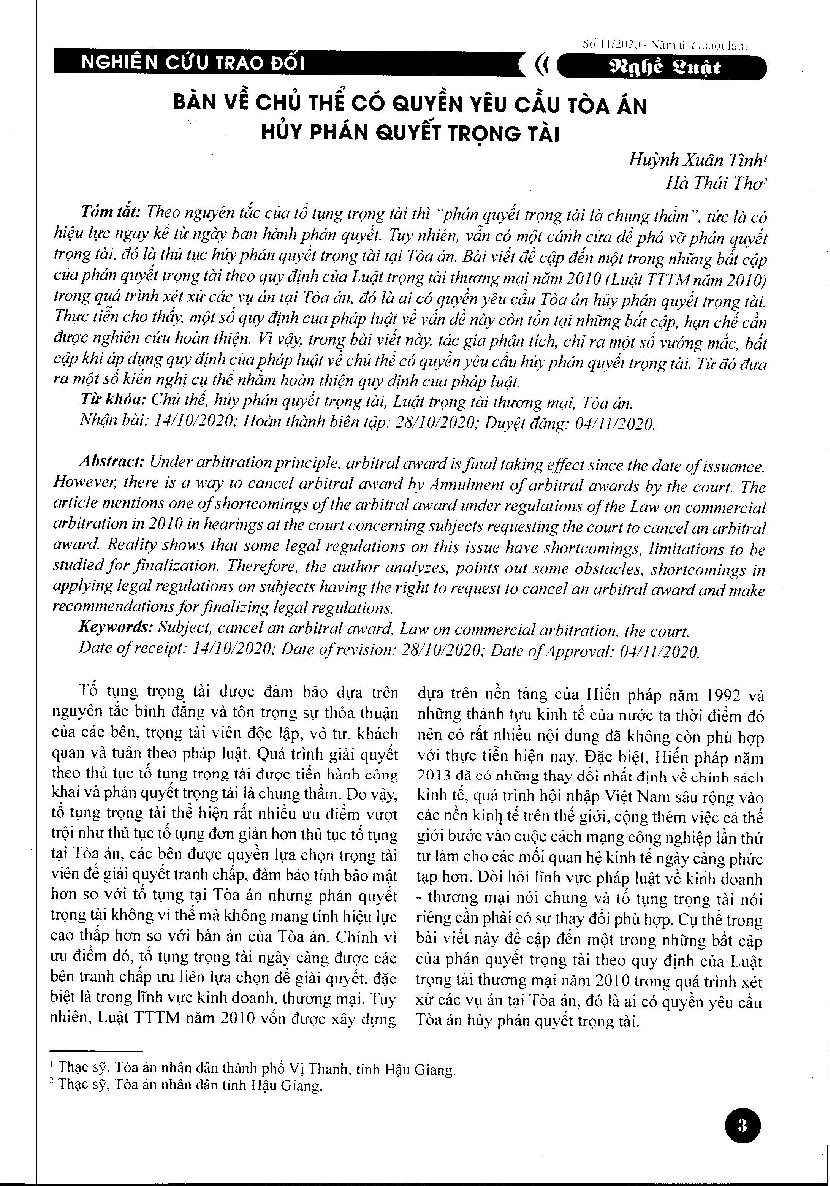 Bàn về chủ thể có quyền yêu cầu Toà án huỷ phán quyết trọng tài = Discussing subjects having right to request the court to cancel an arbitral award