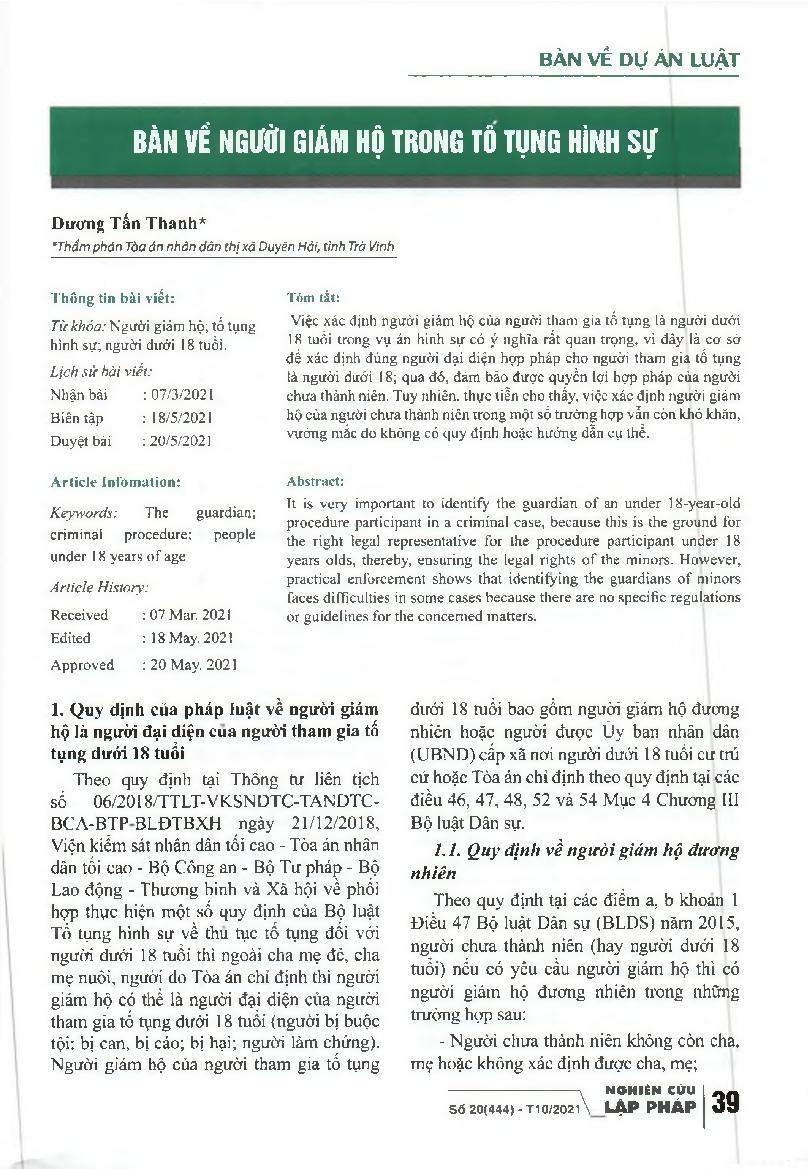 Bàn về người giám hộ trong tố tụng hình sự = Talking about guardians in criminal proceedings