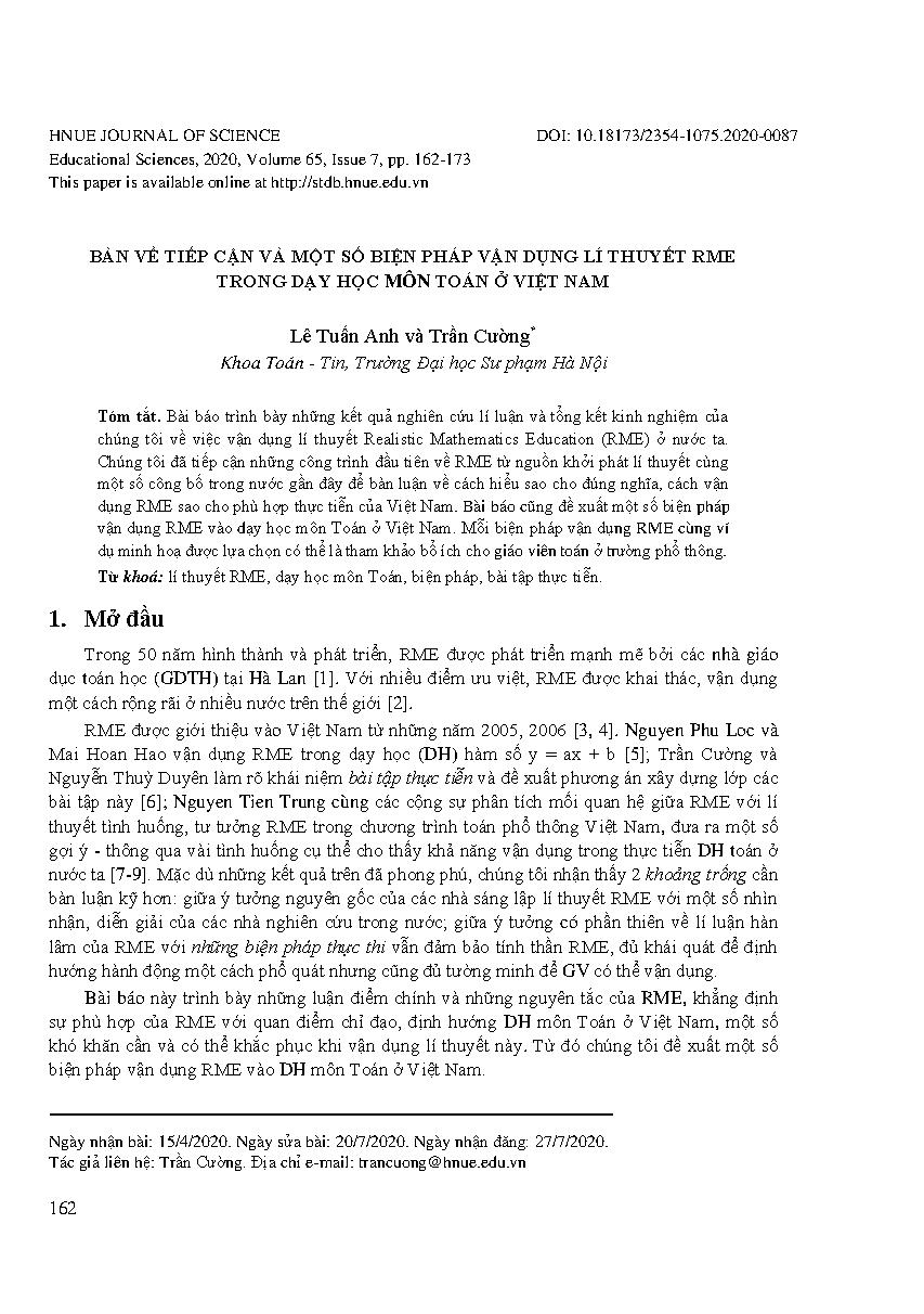 Bàn về tiếp cận và một số biện pháp vận dụng lí thuyết RME trong dạy học môn toán ở Việt Nam = Approaching and proposing some measures for applying RME theory in teaching and learning mathematics in Vietnam