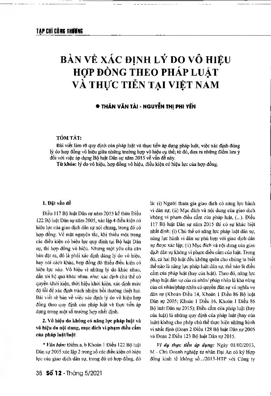 Bàn về xác định lý do vô hiệu hợp đồng theo pháp luật và thực tiễn tại Việt Nam = Discussion about the determination of void contracts by law and practices in Vietnam