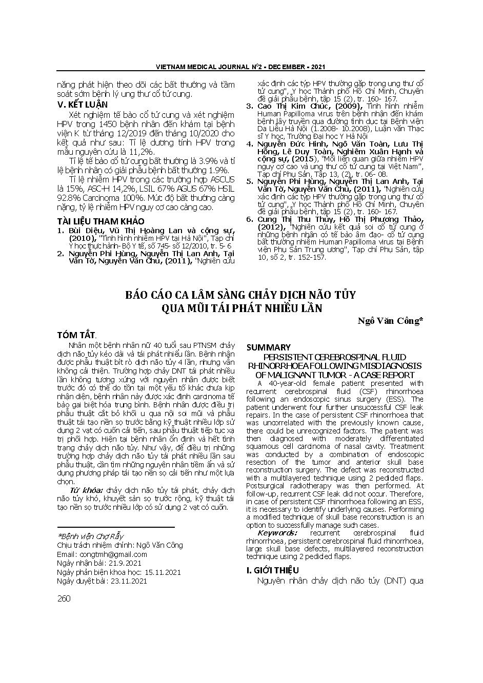 Báo cáo ca lâm sàng chảy dịch não tủy qua mũi tái phát nhiều lần = Persistent cerebrospinal fluid rhinorrhoea following misdiagnosis of malignant tumor - A case report