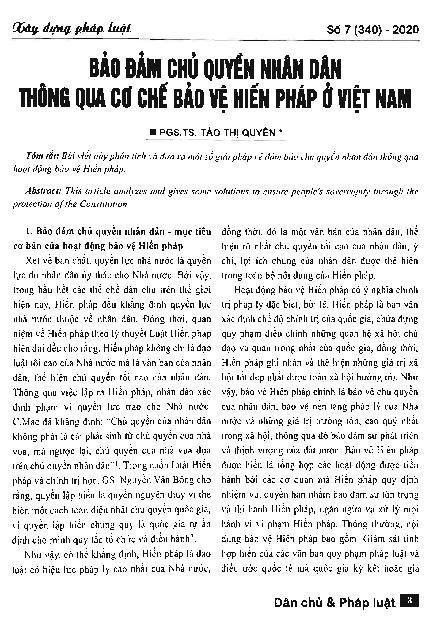 Bảo đảm chủ quyền nhân dân thông qua cơ chế bảo vệ Hiến pháp ở Việt Nam = Ensuring people's sovereignty through the constitutional protection mechanism in Vietnam