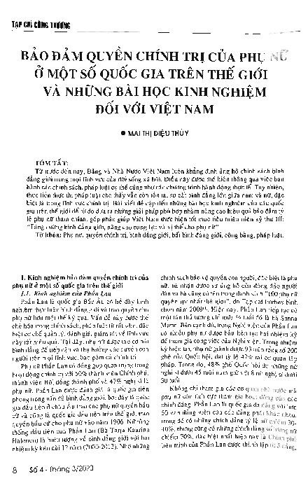 Bảo đảm quyền chính trị của phụ nữ ở một số quốc gia trên thế giới và những bài học kinh nghiệm đối với Việt Nam = Ensuring political rights of women in the world and lessons for Vietnam