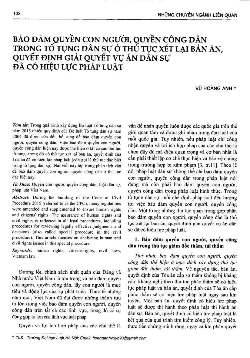 Bảo đảm quyền con người, quyền công dân trong tổ tụng dân sự ở thủ tục xét lại bản án, quyết định giải quyết vụ án dân sự đã có hiệu lực pháp luật = Assuring human rights, civil rights in civil procedure in procedures for reviewing legally effective judgments and decisions