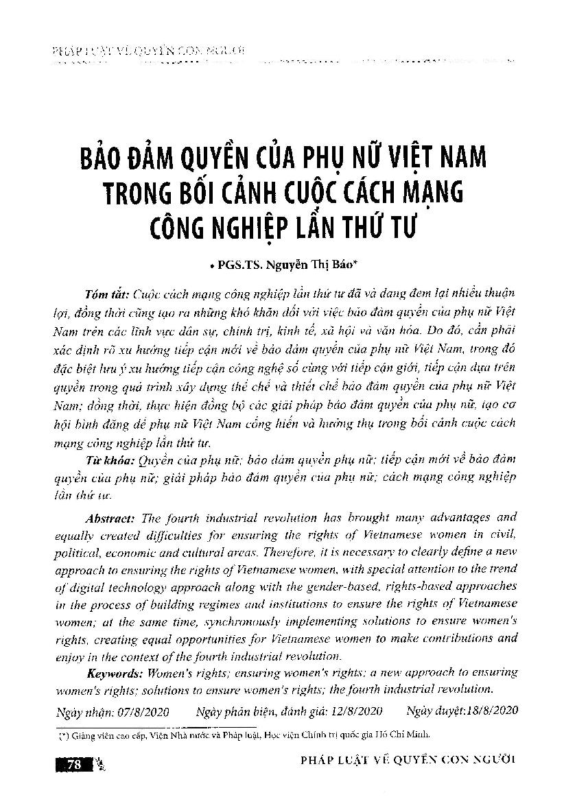 Bảo đảm quyến của phụ nữ Việt Nam trong bối cảnh cuộc cách mạng công nghiệp lấn thứ tư = Ensuring the rights of Vietnamese women in the context of the fourth industrial revolution