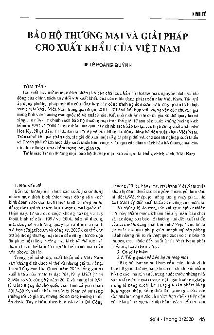 Bảo hộ thương mại và giải pháp cho xuất khẩu của Việt Nam = Trade protection and solutions to Vietnam