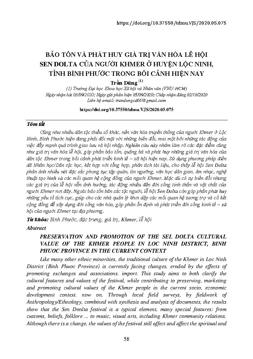 Bảo tồn và phát huy giá trị văn hóa lễ hội Sen Dolta của người Khmer ở huyện Lộc Ninh, tỉnh Bình Phước trong bối cảnh hiện nay = Preservation and promotion of the Sel Dolta cultural value of the Khmer people in Loc Ninh district, Binh Phuoc province in the current context