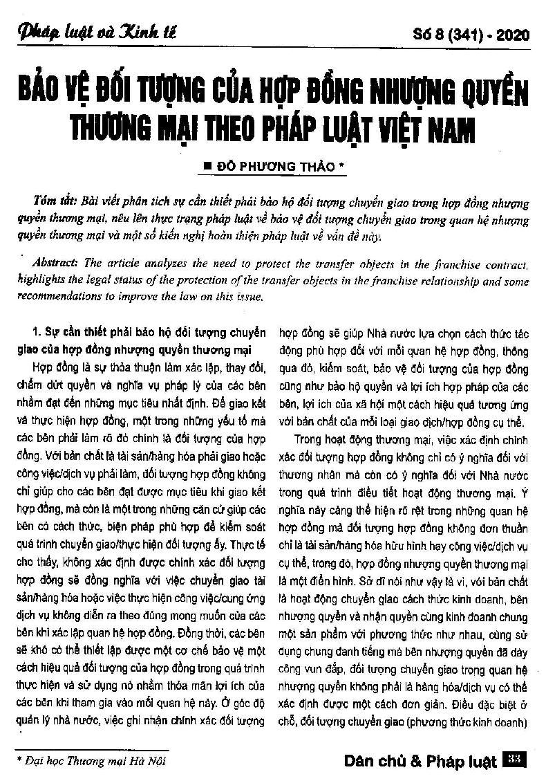 Bảo về đối tượng của hợp đồng nhượng quyền thương mại theo pháp luật Việt Nam = Protection of the subject matter of the commercial franchise contract in accordance with Vietnamese law