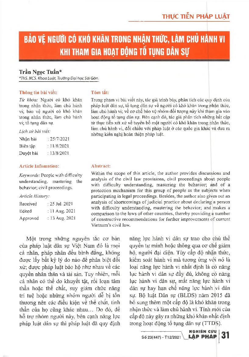 Bảo vệ người có khó khăn trong nhận thức, làm chủ hành vi khi tham gia hoạt động tố tụng dân sự = Protecting people with difficulties in perception and behavior control when participating in civil proceedings
