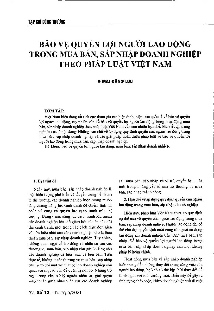 Bảo vệ quyền lợi người lao động trong mua bán, sáp nhập doanh nghiệp theo pháp luật Việt Nam = Protecting the interests of employees in mergers and acquisitions in accordance with Vietnam's regulations