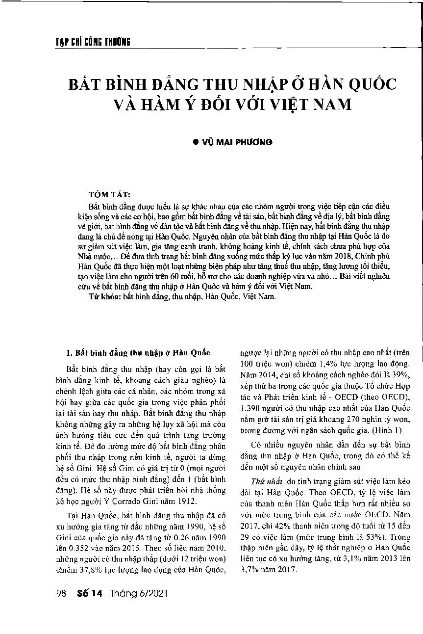 Bất bình đẳng thu nhập ở Hàn Quốc và hàm ý đối với Việt Nam = Income inequality in South Korea and some implications for Vietnam