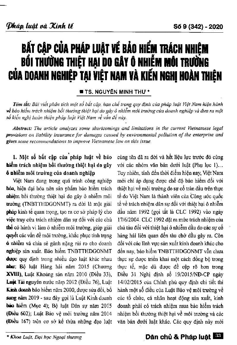 Bất cập của Pháp luật Việt Nam về bảo hiểm trách nhiệm bồi thường thiệt hại do gây ô nhiễm môi trường của doanh nghiệp tại Việt Nam và kiến nghị hoàn thiện = Inadequacies of Vietnamese law on liability insurance for damages caused by environmental pollution of enterprises in Vietnam and recommendations for improvement