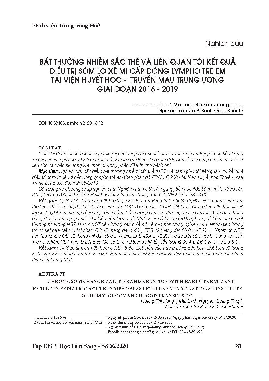 Bất thường nhiễm sắc thể và liên quan tới kết quả điều trị sớm lơ xê mi cấp dòng lympho trẻ em tại Viện huyết học - truyền máu trung ương giai đoạn 2016 - 2019 = Chromosome abnormalities and relation with early treatment result in pediatric acute lymphoblastic leukemia at national institute of hematology and blood transfusion