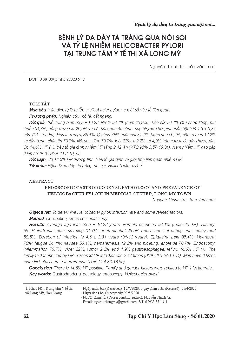 Bệnh lý dạ dày tá tràng qua nội soi và tỷ lệ nhiễm helicobacter pylori tại trung tâm y tế thị xã Long Mỹ = Endoscopic gastroduodenal pathology and prevalence of Helicobacter pylori in medical center, Long My town